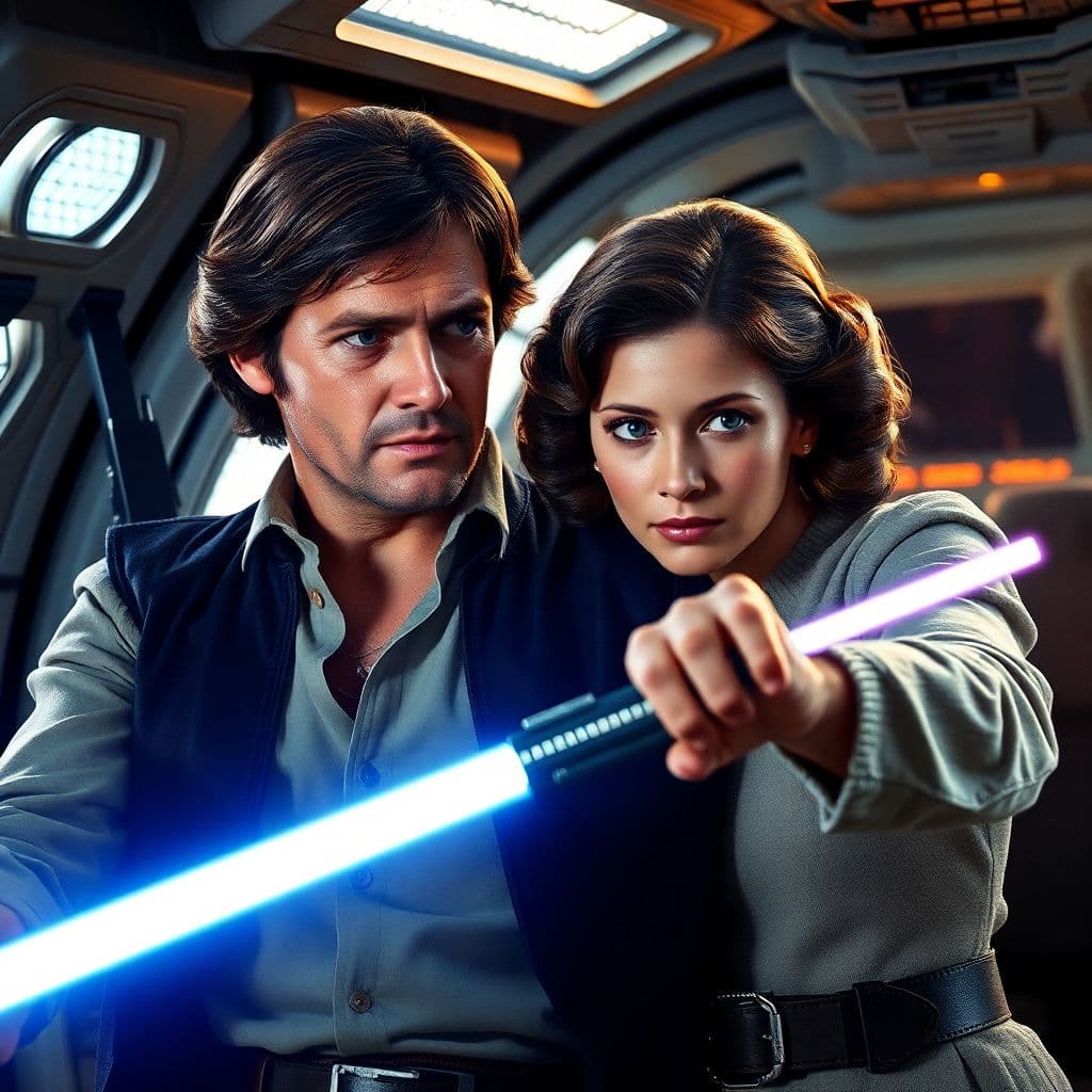 AI generated:  Han Solo and Princess Leia, Star Wars , scene in a spaceship, dynamic lights, intricate details 