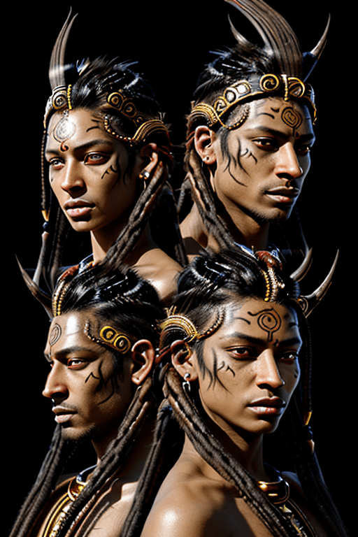 AI generated: Realistic exotic beautiful male and female, sophisticated, characters, back-to-back, see face, brown...