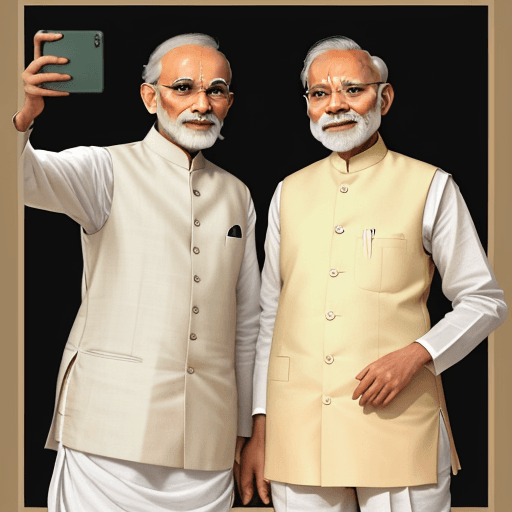 AI generated: Mahatma Gandhi and Narendra Modi are seen standing together, smiling, and taking a selfie. Gandhi is...