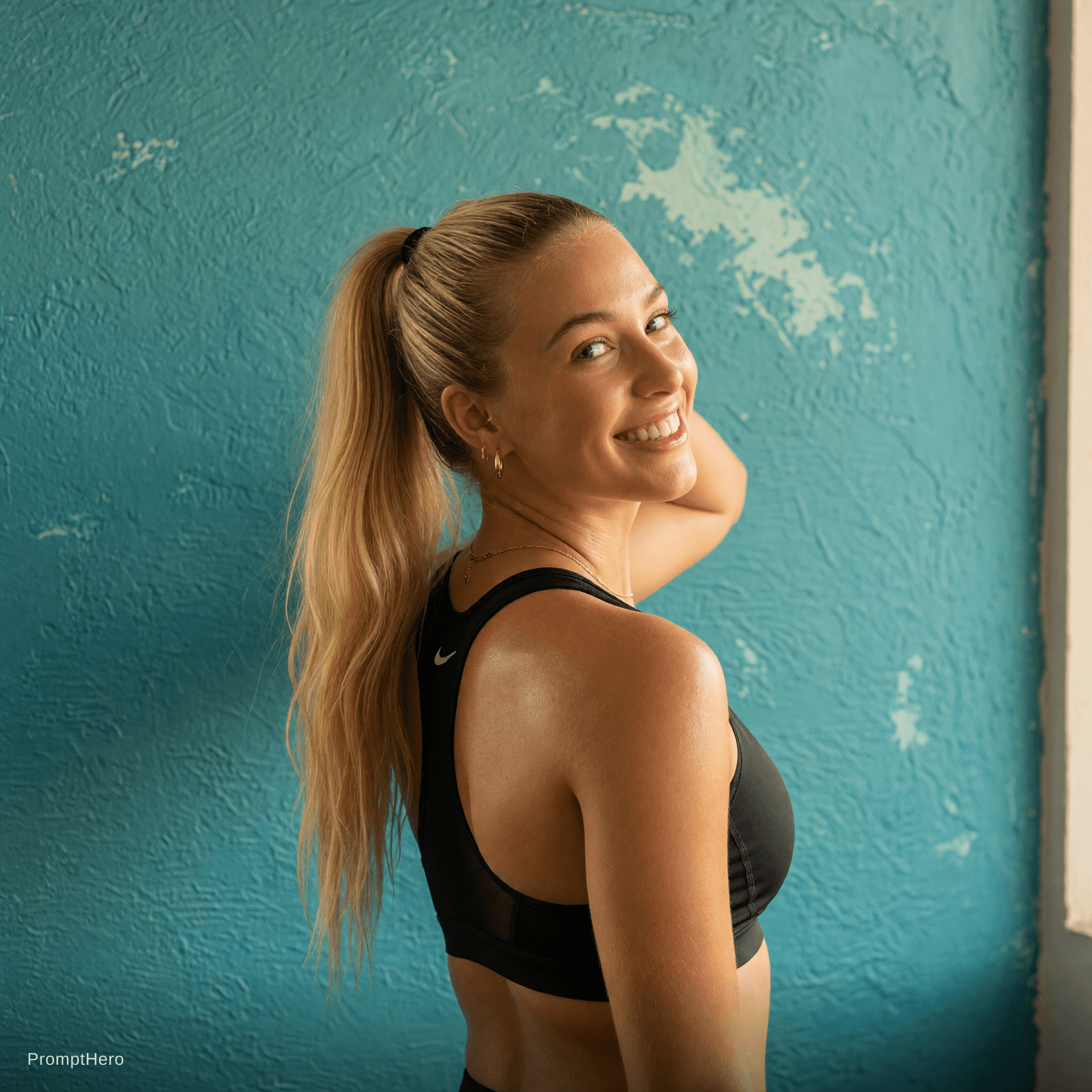 AI generated: Portrait of a young woman with long, blonde hair tied in a high ponytail, wearing a black sports Des...