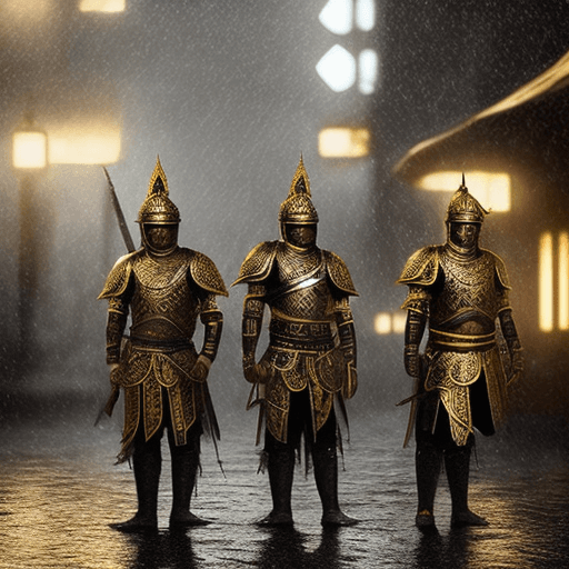 AI generated: 12th-century Majapahit warriors in Patih Gaja Mada style, intricate black and gold Majapahit armor, ...