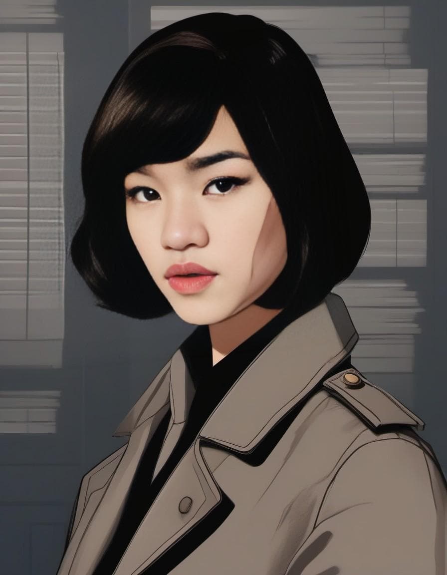 AI generated: a confident woman detective with a sleek bobbed hairstyle cut and observant brown eyes, wearing a gr...