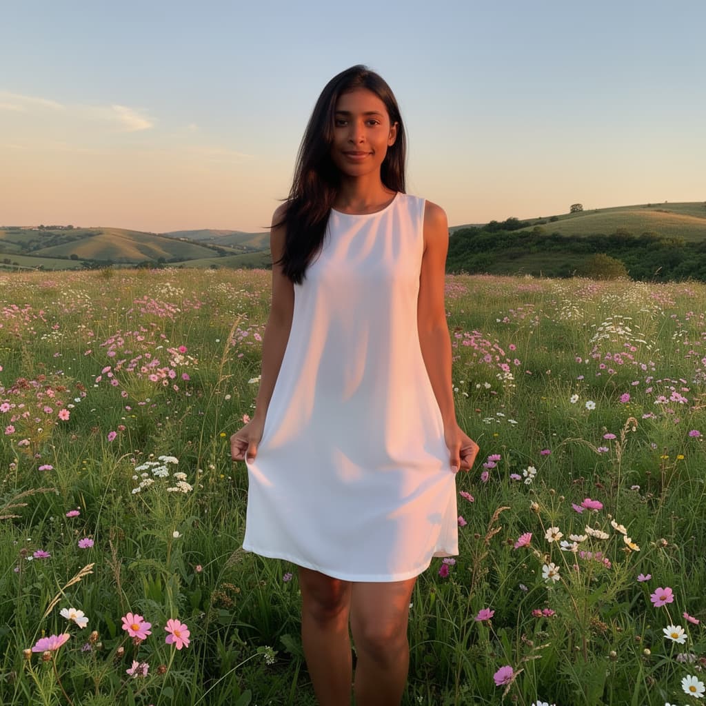 AI generated: A fit adult woman in a white sleeveless dress stands amidst a lush green field dotted with pink and ...