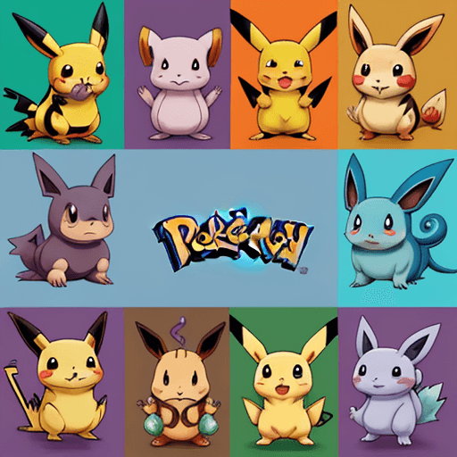 AI generated: A pokémon portrait, including pikachu, squirter, charmander, snorlax, polywhirl, eevee, and slowpoke...