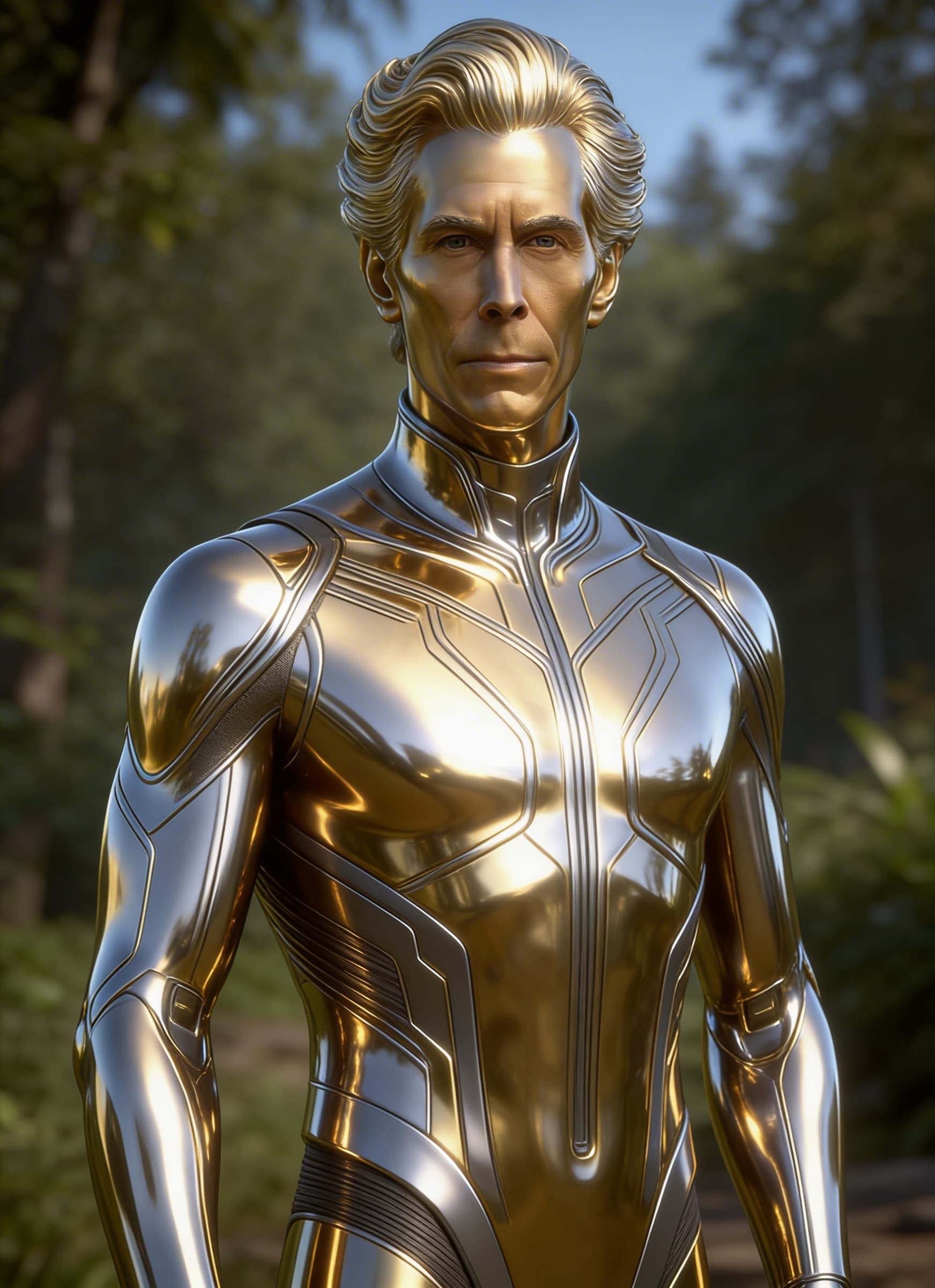 AI generated: Be inspired and create from reference. a golden-silver being, powerful, loving. From flesh to sleek ...