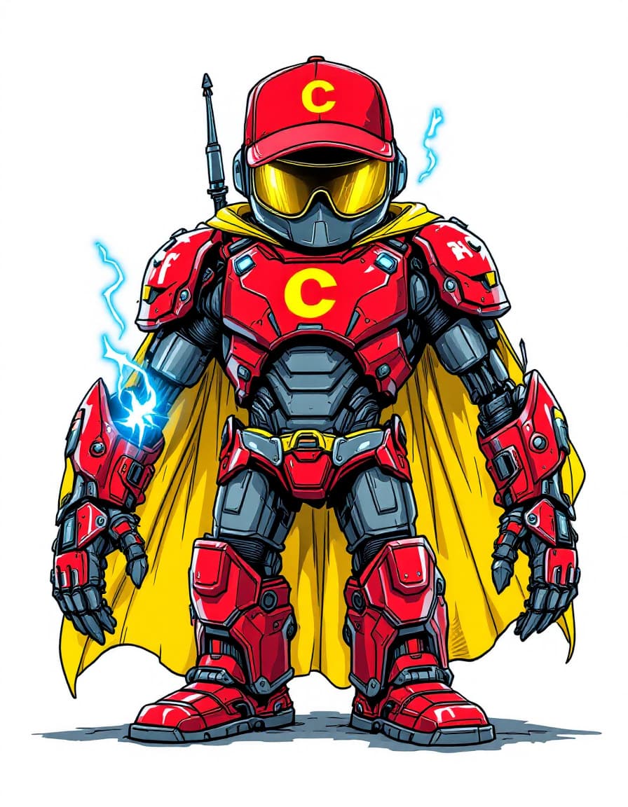 AI generated: Just draw a western cowboy robot with clear muscle lines, wear a red baseball cap, sunglasses, and r...