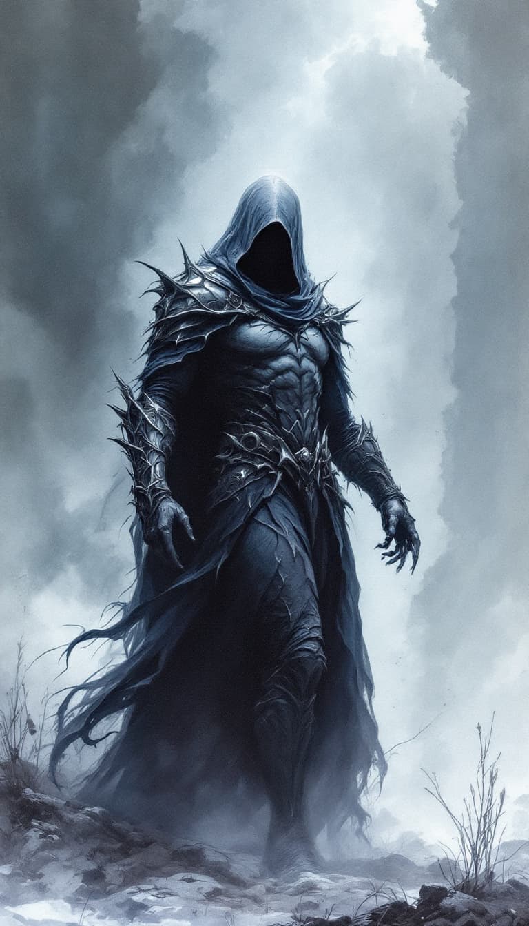 AI generated: terrifying photorealistic full body Medieval Gothic Superhero: Ethereal Background, Line Art Waterco...