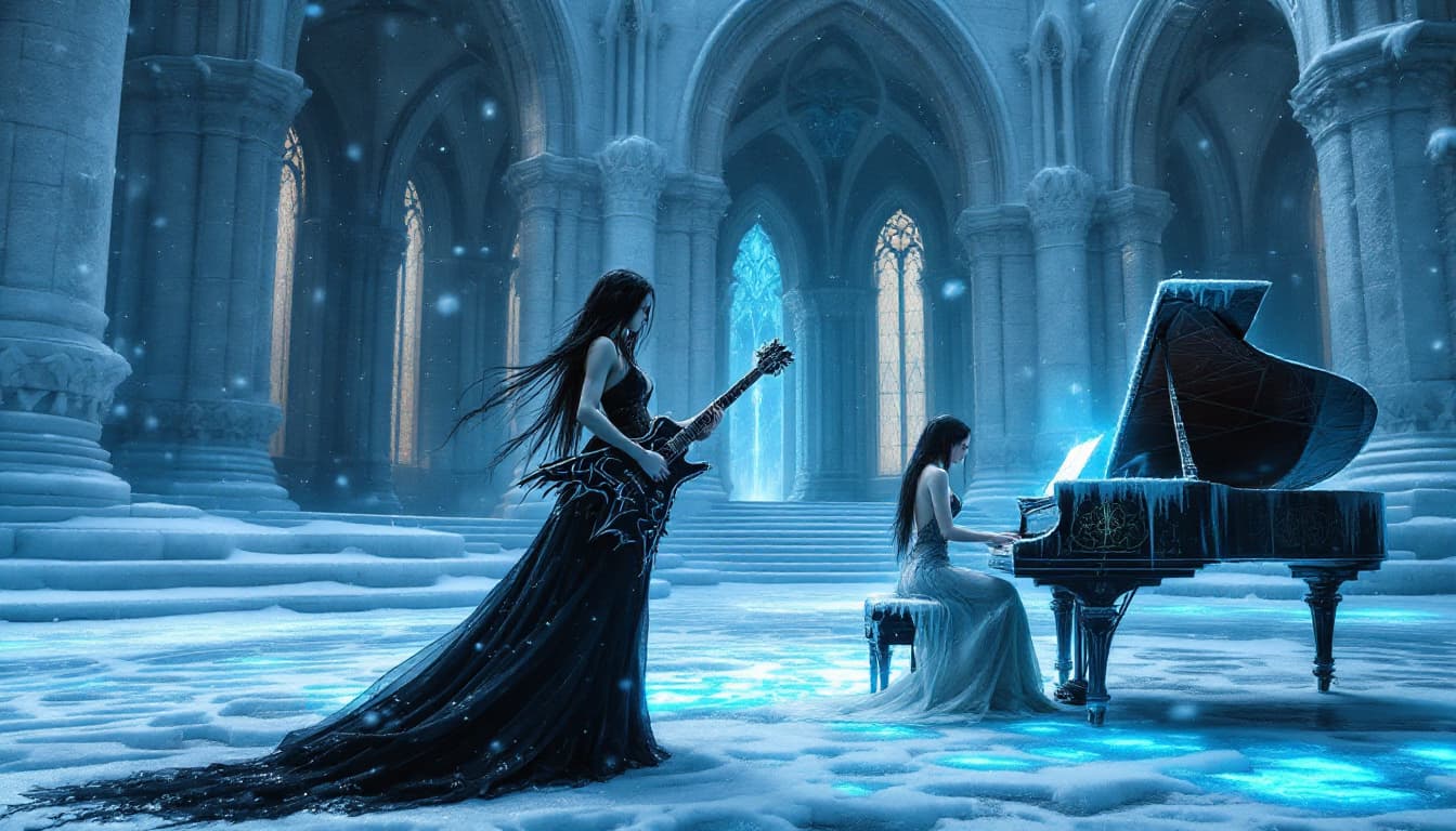 AI generated: From a side view, the two gothic maidens with big breasts and cleavage gothic gowns perform in the c...