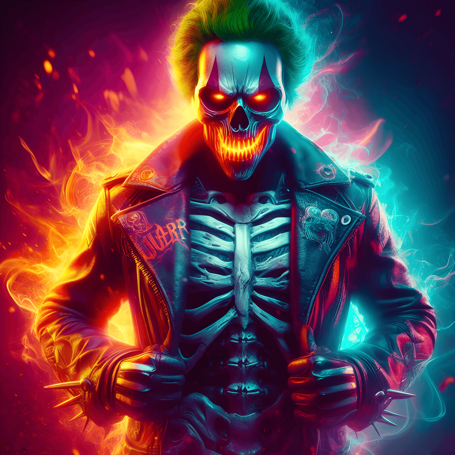 AI generated: ghost rider joker, Digital photography, high-resolution, contemporary, vibrant colors.
