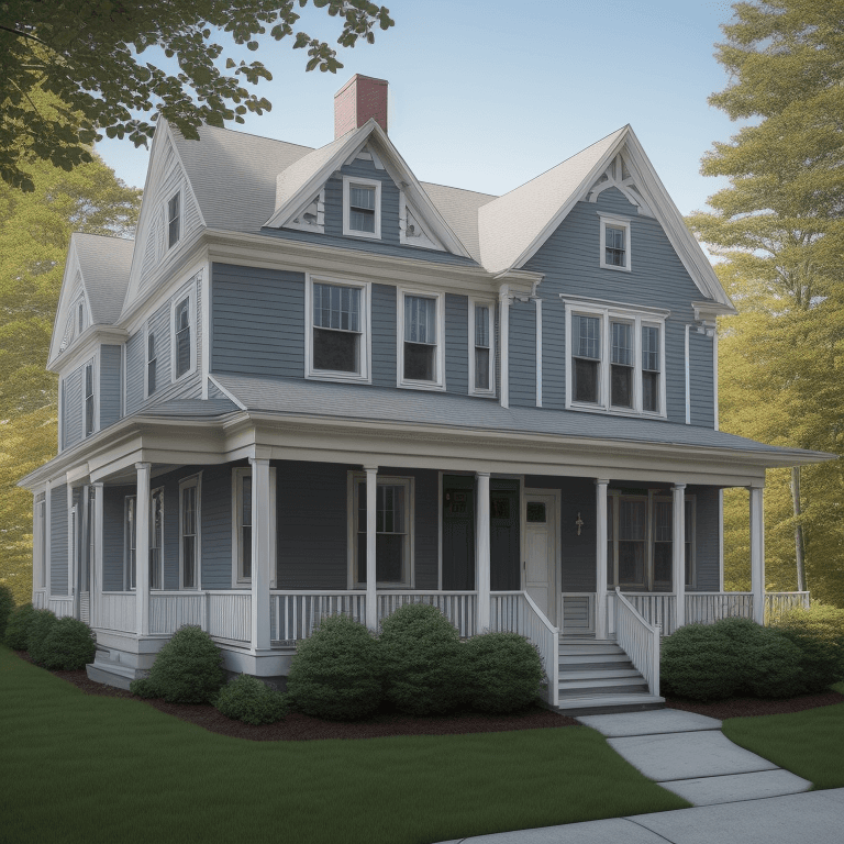 AI generated: Hyper realistic eye level exterior photo of a typical house in New England. Canon 80D. Daylight.