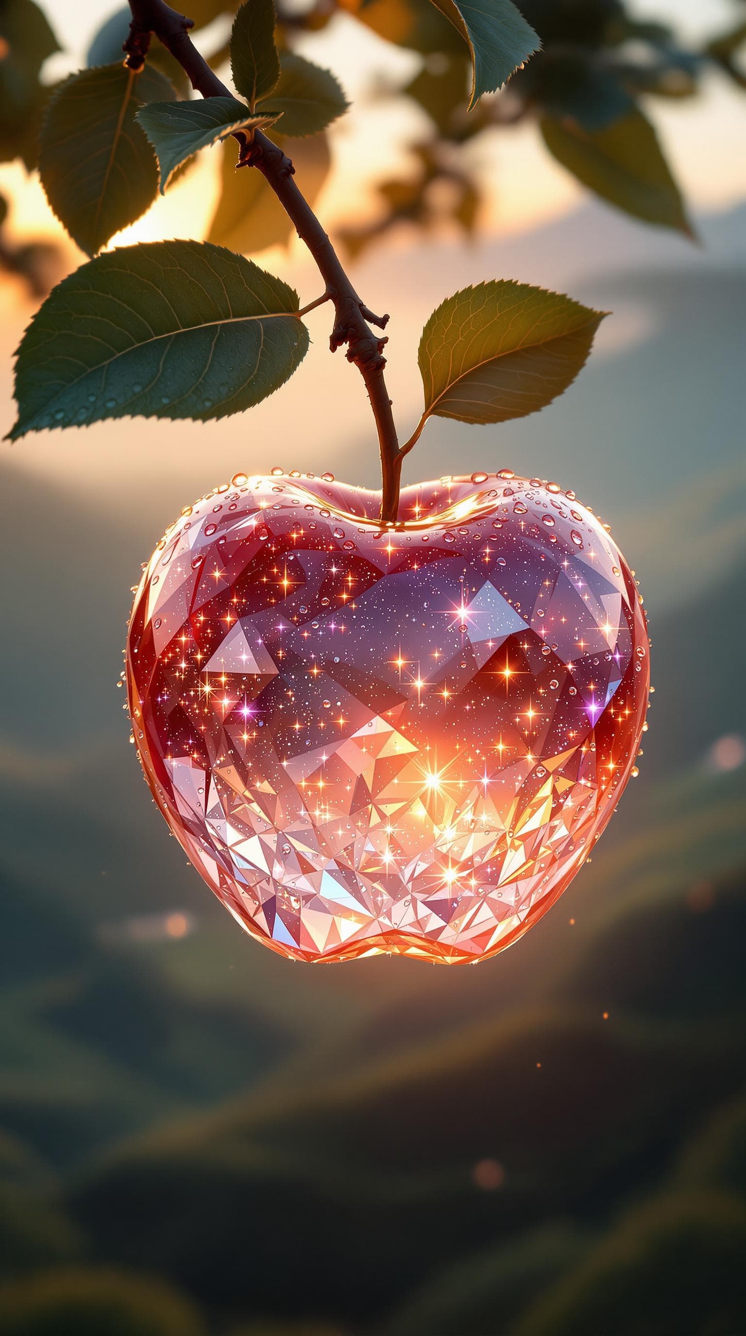 AI generated: ((a delicate big apple)), made of diamond hung on branch in a beautiful dawn, in the background beau...