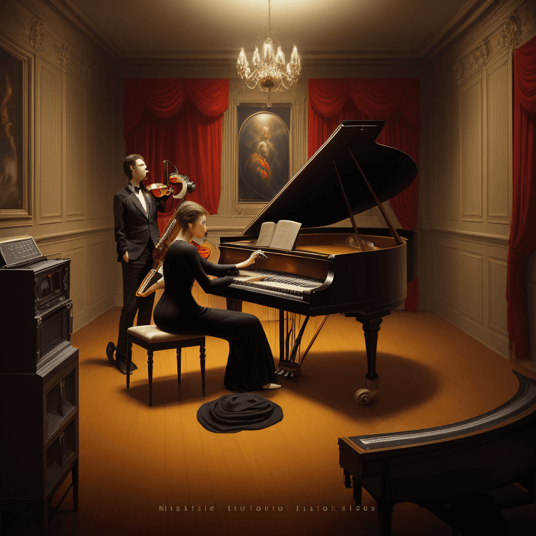 AI generated: music Album cover picture, classical music , surreal art, oil picture, radio, speaker, piano, violin...