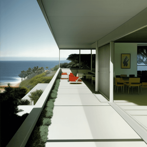 AI generated: Hyper realistic eye level exterior photo of a mid century modern style house overlooking the ocean, ...