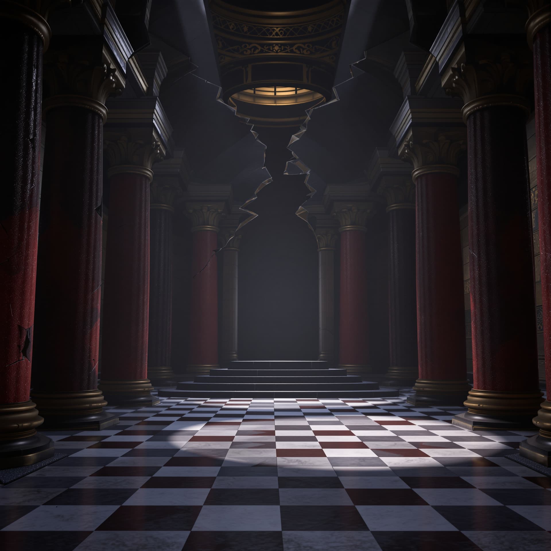 AI generated: Empty throne room with cracked and broken pillars, checkered floor, realistic 3d illustration. cinem...