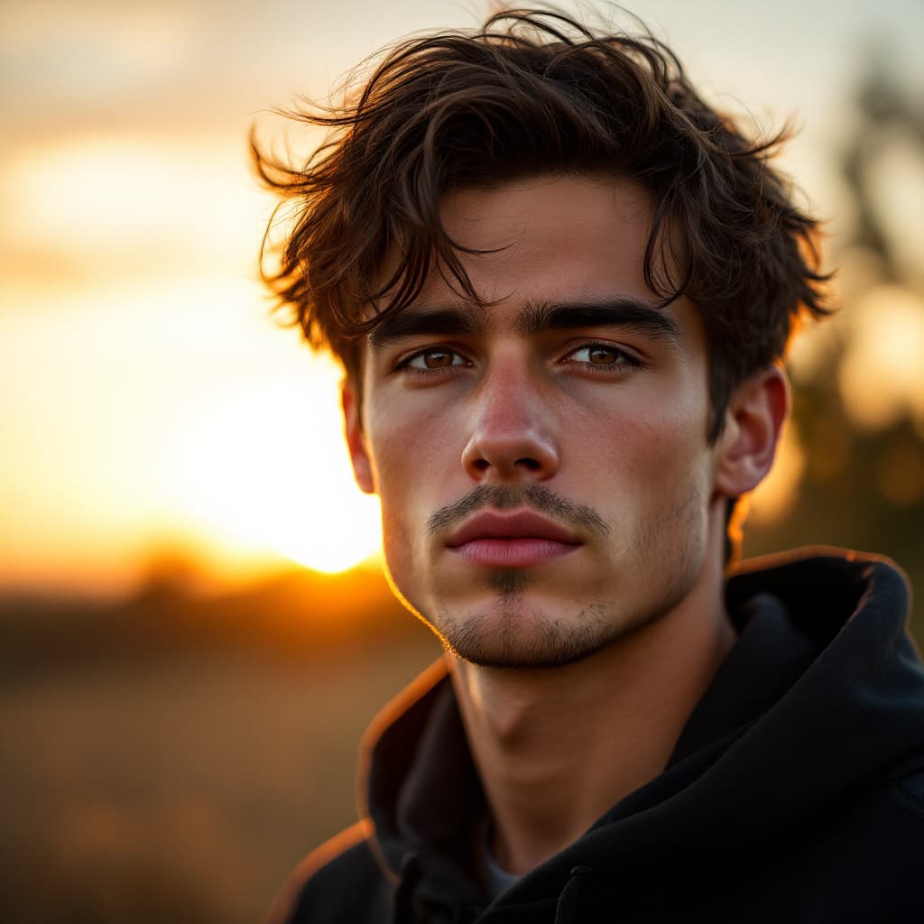 AI generated: A photo of an attractive young man with messy dark brown hair and fair skin standing outdoors at sun...