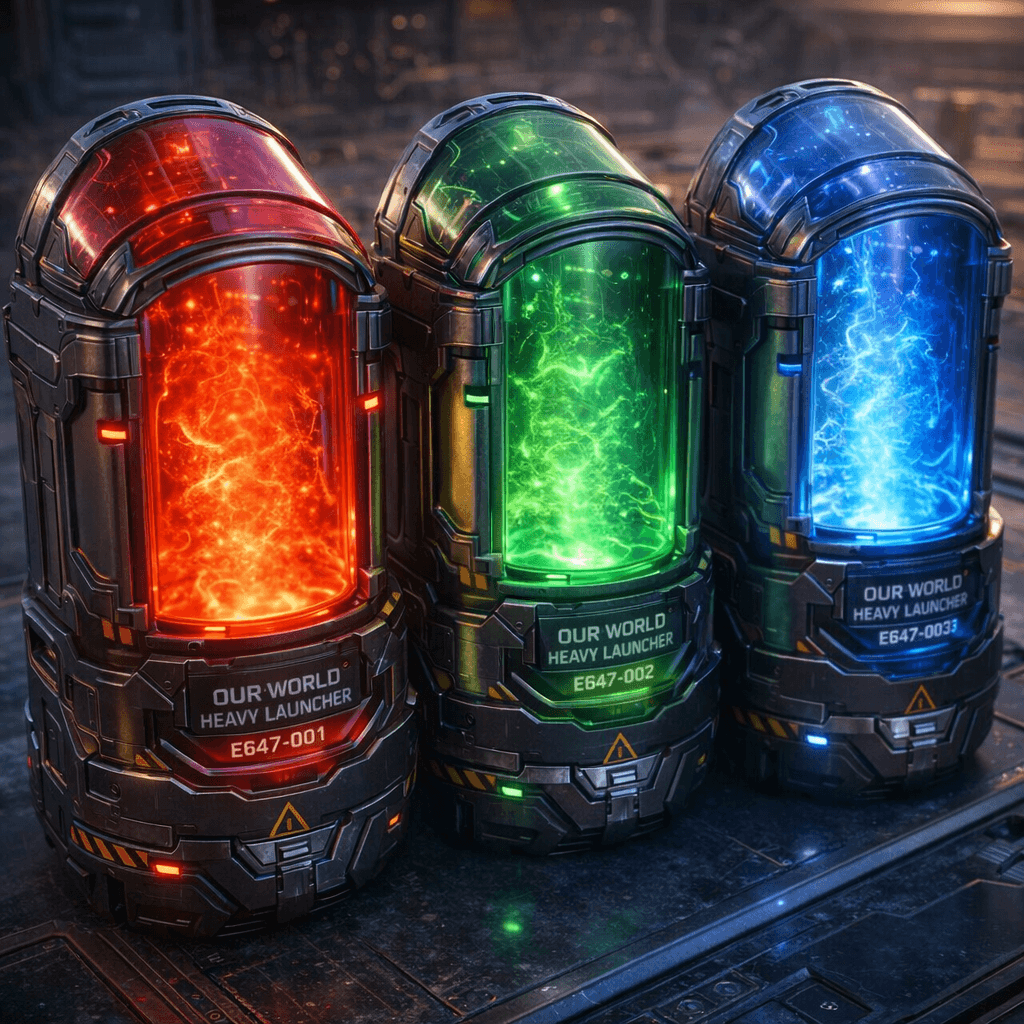 AI generated: Use the reference image to create an image of Sci-fi energy weapon cartages in Red, Green, and Blue ...