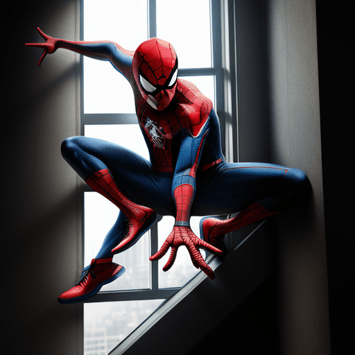 AI generated: create image of man, moviment in the building window, spiderman wearing nike air jordan --s 250 --up...