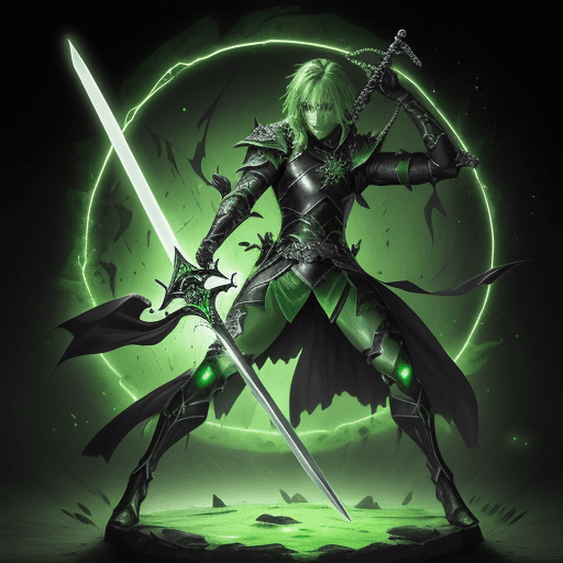 AI generated: green glowing xiphos sword crackling with sanguine electric energy ::2 demonic-horn-crossguard, hilt...