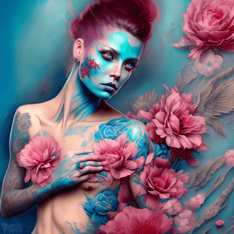 AI generated: a tattoo artist with blue tattoos and flowers on her skin, in the style of futuristic fantasy, inten...