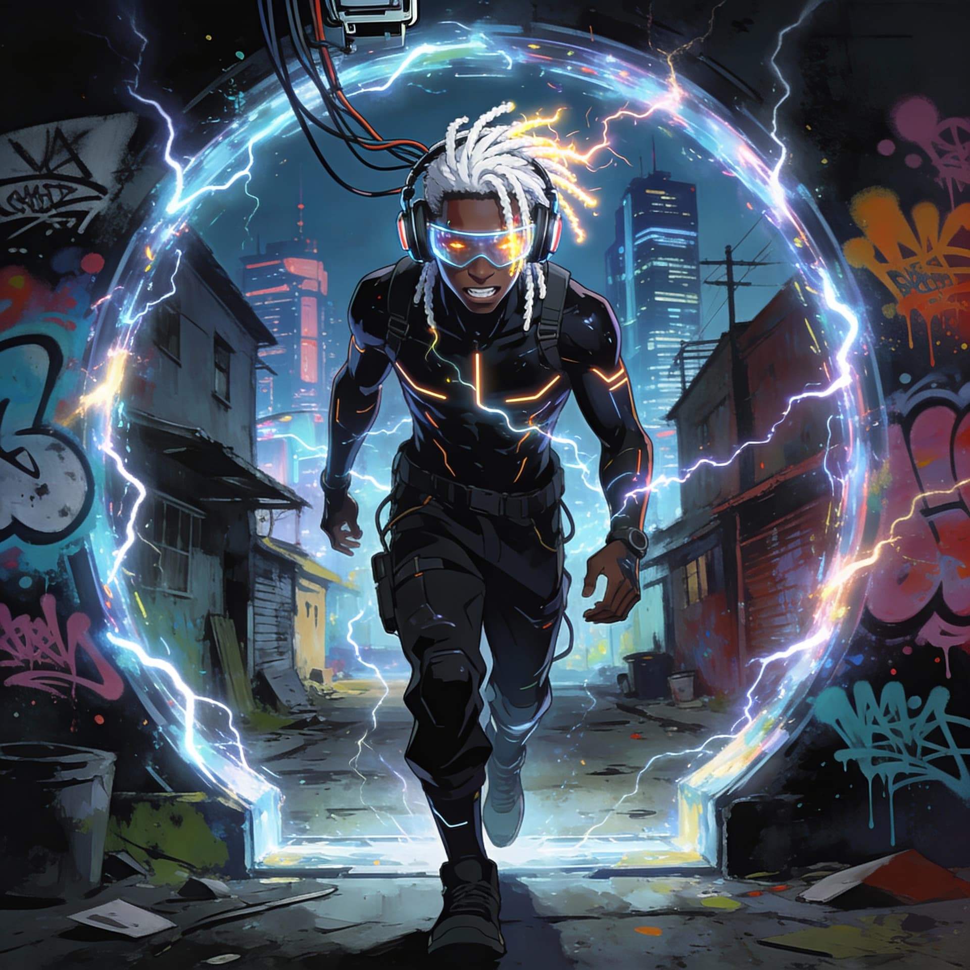 AI generated: A full-body 3D anime style illustration of a futuristic cyberpunk African American male, his skin is...