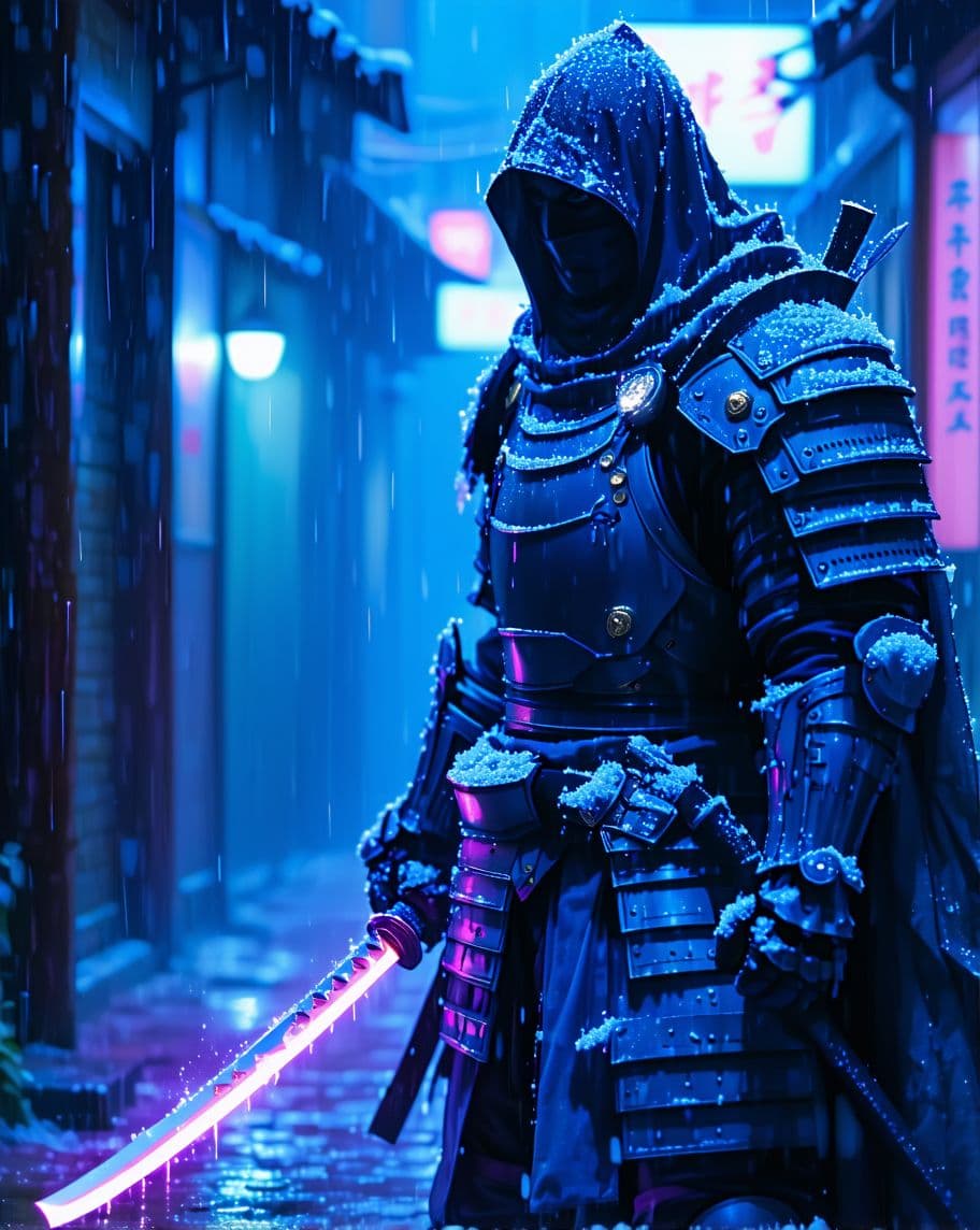 AI generated: "A futuristic samurai warrior in a neon-lit cyberpunk city, wielding an energy katana, wearing a hig...