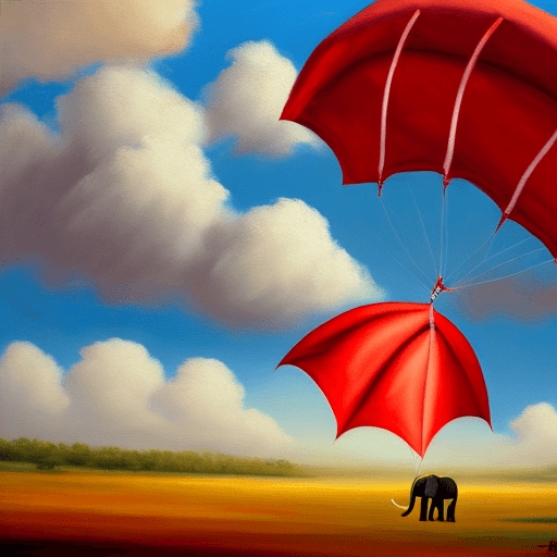 AI generated: Elephant hanging under a red parachute amidst sunny clouds.
Style: oil painting