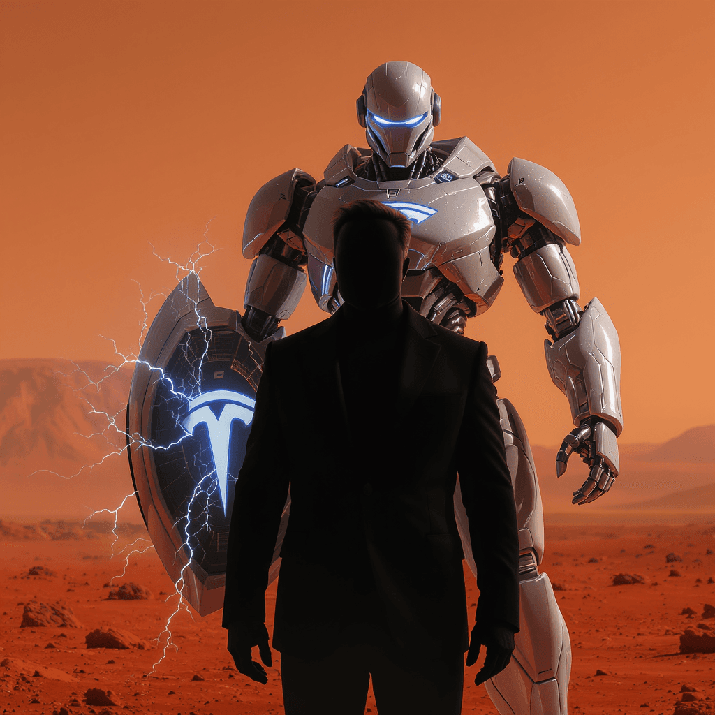 AI generated: A faceless silhouette of Elon Musk in a sleek black suit, standing on Mars’ red surface. Behind him,...