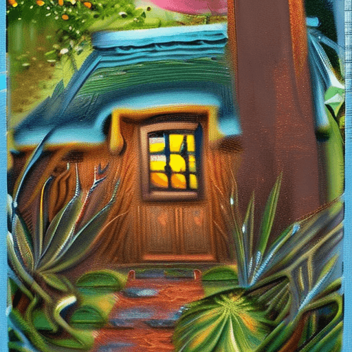 AI generated: Airbrush painting, fairy tale, (magnificent cottage next to a little creek:1.3) , with Art Nouveau a...