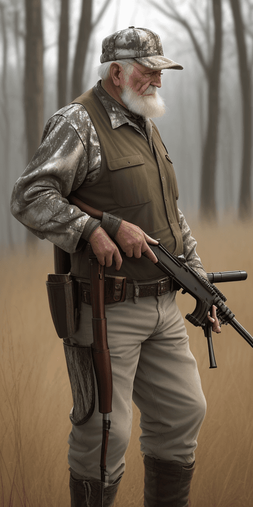 AI generated: Really hunters with rifle in the hand, aiming the rifle, old man with white barb, have a machet hold...