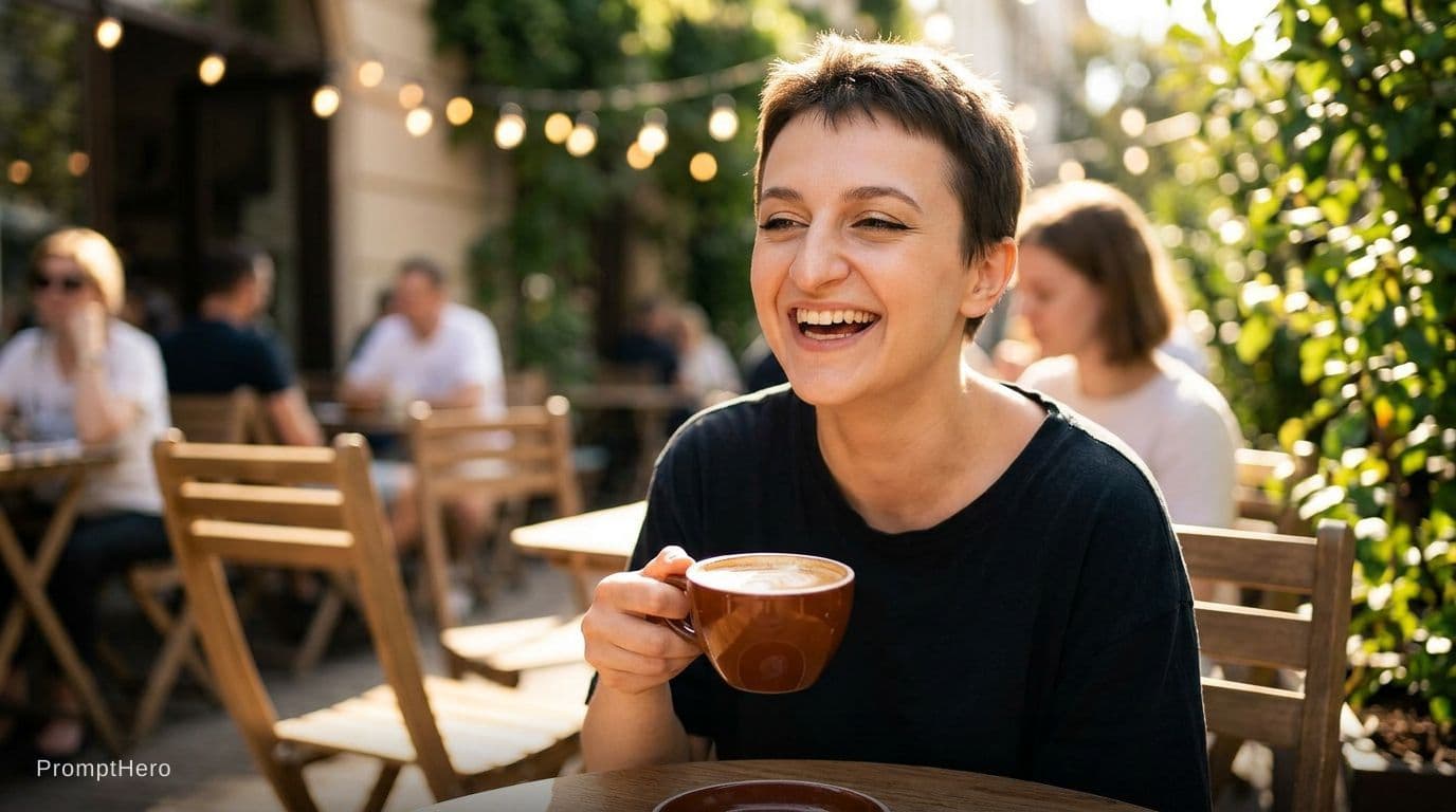 AI generated: sitting at a small round wooden table at an outdoor cafe. She is laughing and holding a brown cerami...