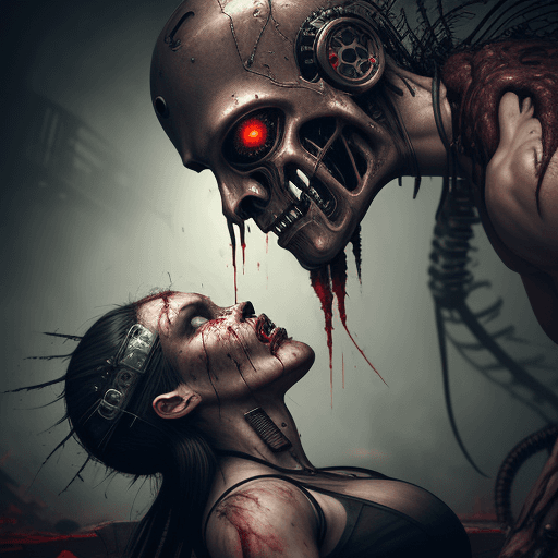 AI generated: Hyper realistic steampunk cyborg chopping the head off an alien, blood, guts, slaughter, giant futur...