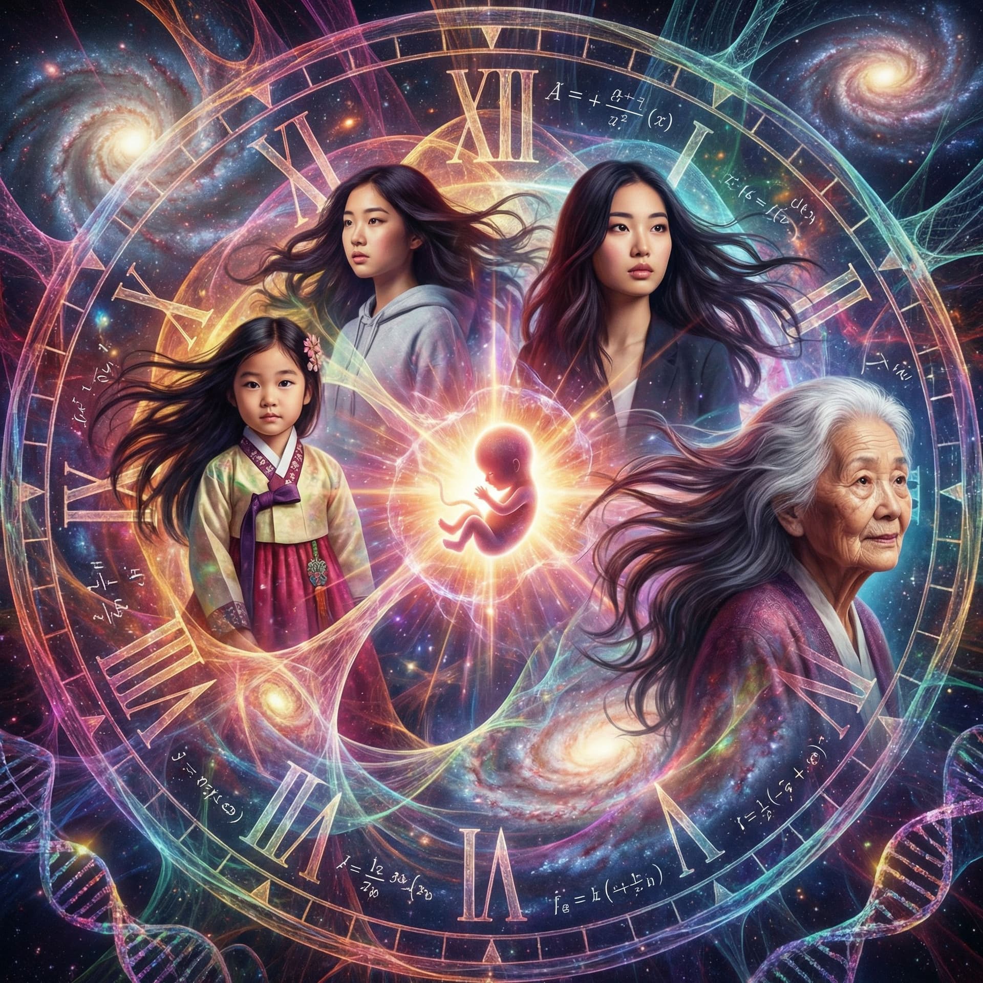 AI generated:  Psychedelic, surreal, Quantum physics and string theory of a young Asian girl with long flowing hai...