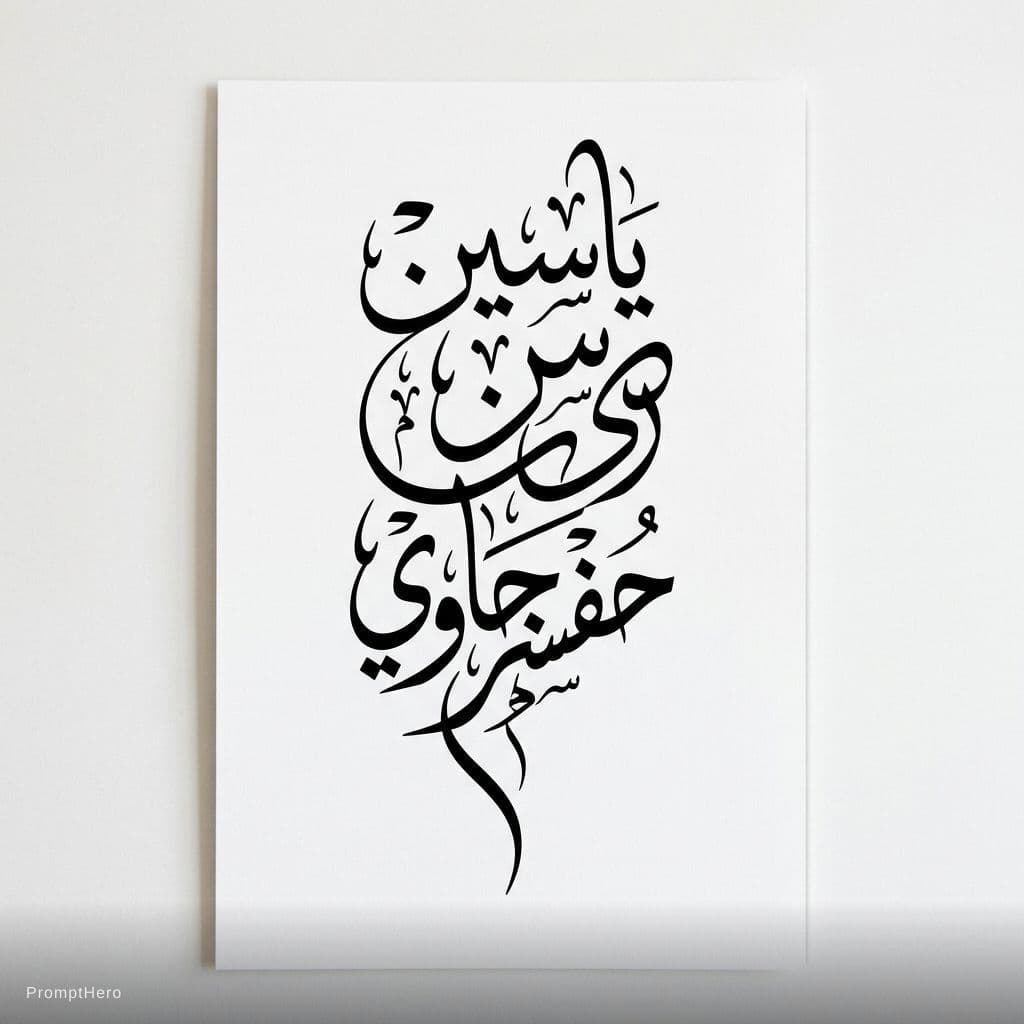 AI generated: Elegant Arabic calligraphy of the name "ياسين حفسرجاوي", black ink style, modern Islamic calligraphy...