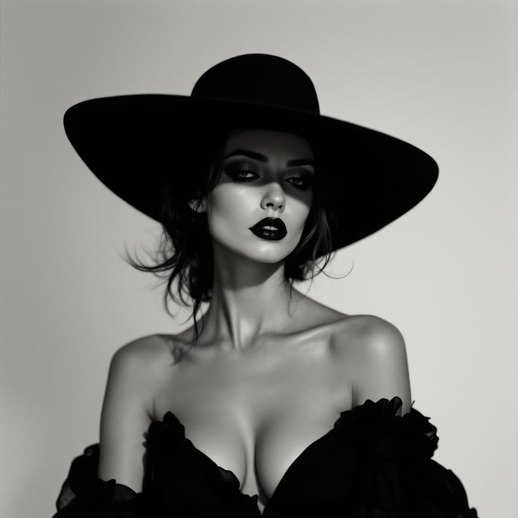 AI generated:  A mysterious femme fatale in a black dress wearing a large hat tilted to the right, highly artistic...