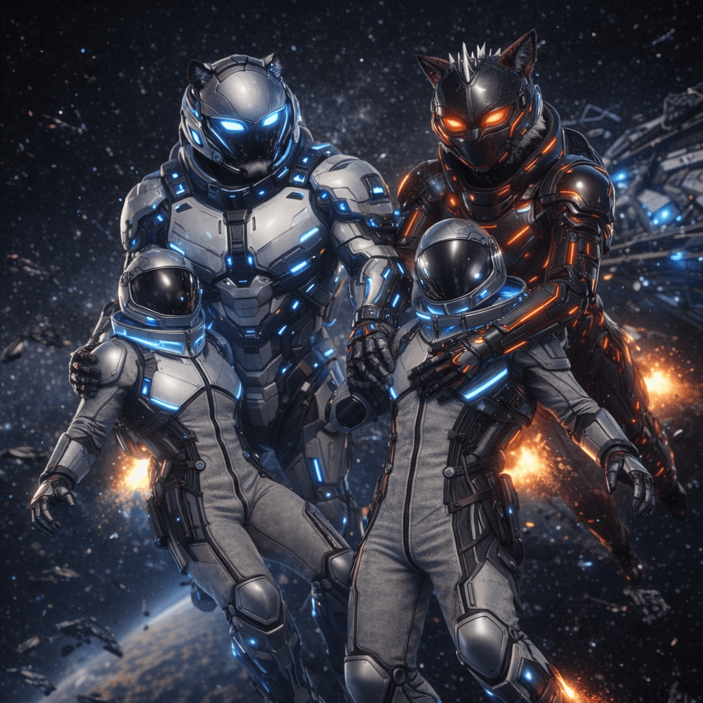 AI generated: The first reference image is my Pilots in their Allumic Outer suits, worn by the space crew. The sec...