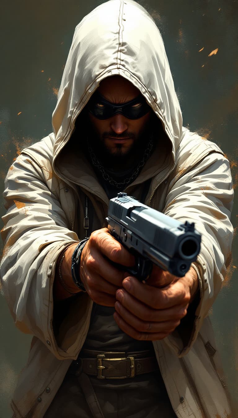 AI generated: an image of an animation male hooded character holding a gun, in the style of a rebel, comic art, re...
