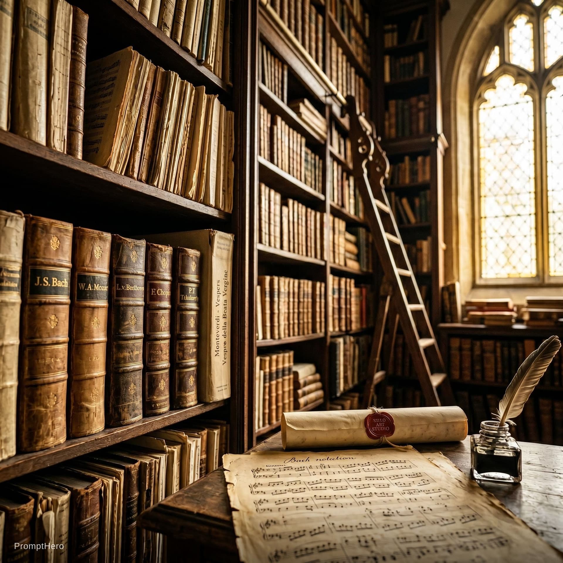 AI generated: A candid, unedited RAW photograph capturing a towering, centuries-old dark wood library room entirel...