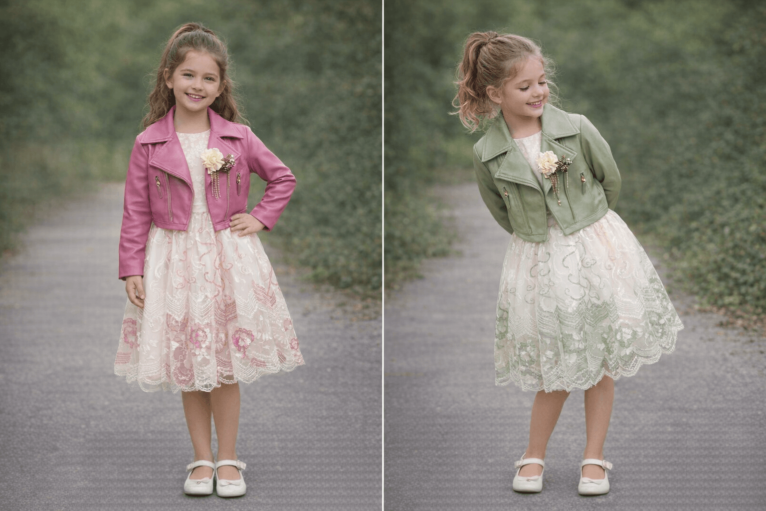 AI generated: Complete image of 2 girls of 7 years old from head to feet having this clothes with different positi...