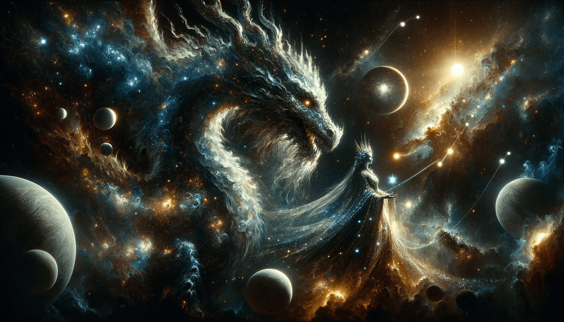 AI generated: Illustrate a hyper-maximalist, cinematic painting set in space with a cosmic dragon and its queen. T...