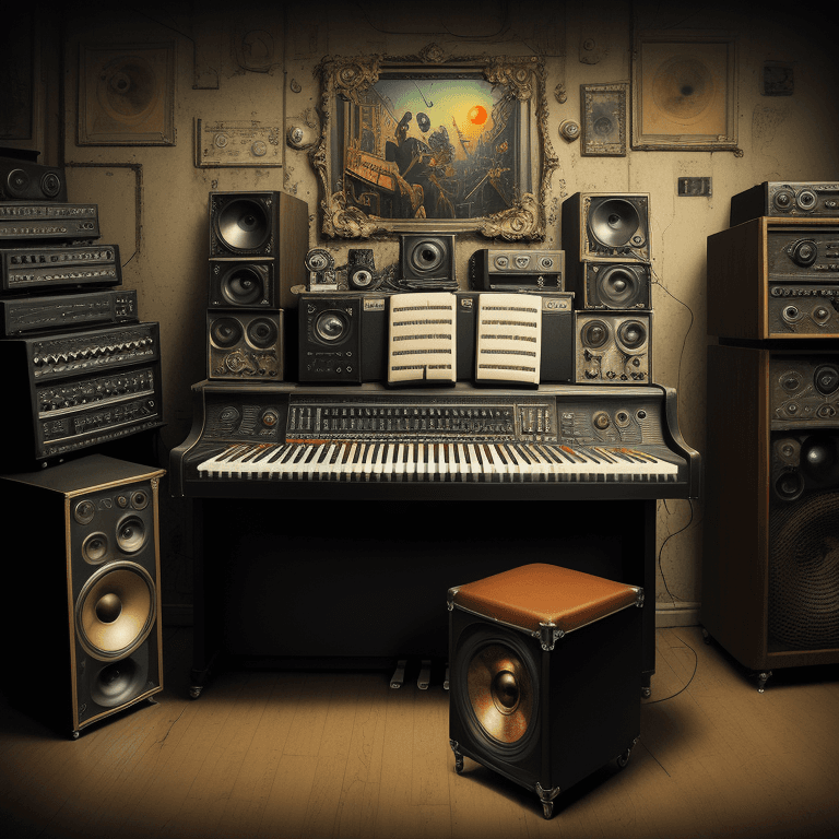 AI generated: music Album cover picture, punk, surreal art, oil picture, radio, speaker, computer, piano, organ, r...