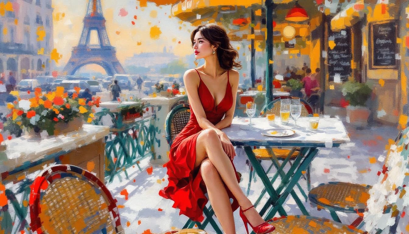 AI generated: oil painting on canvas of a beautiful Korean woman, in a red dress sitting at a table outside a Pari...