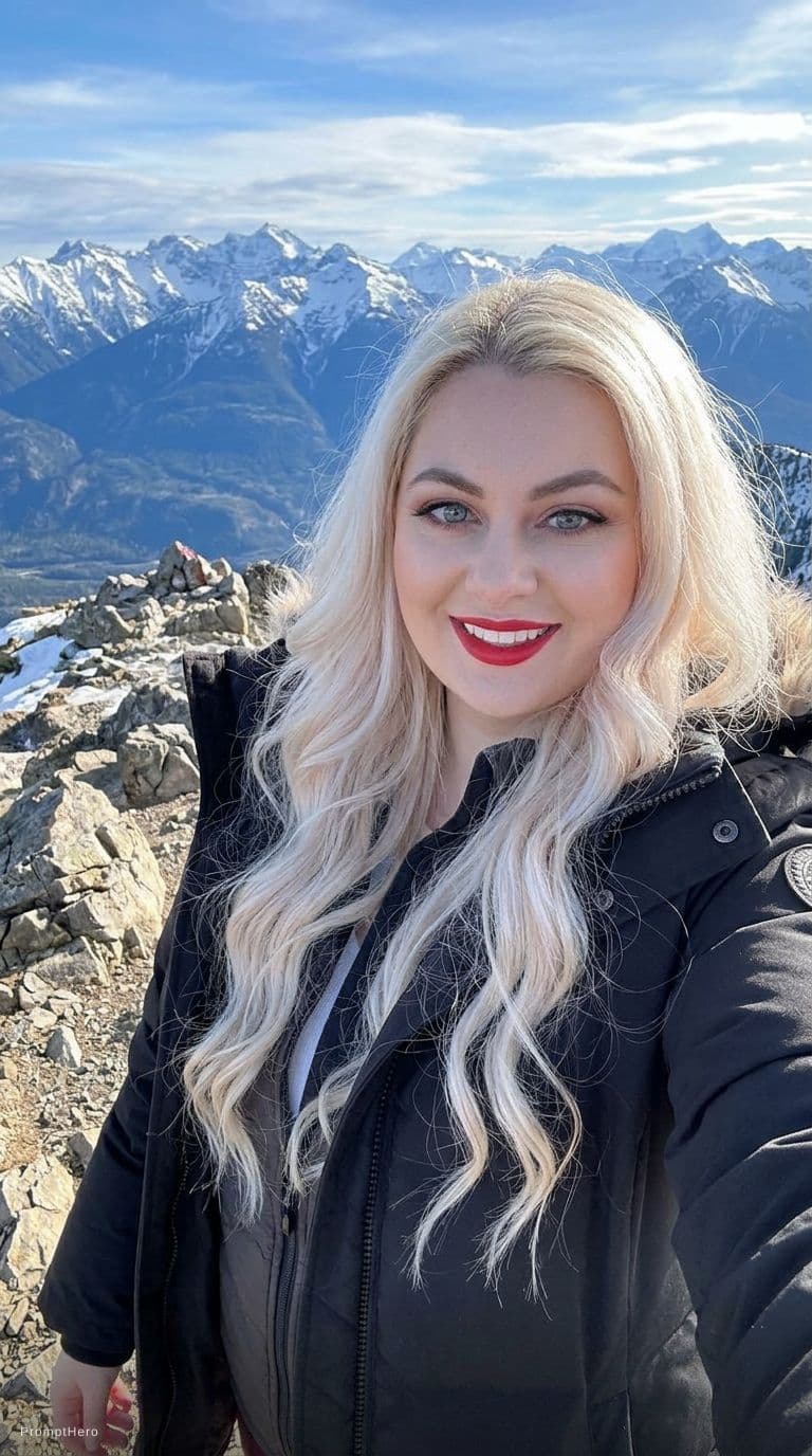 AI generated: change de scenario, put her a black coat on the mountains
