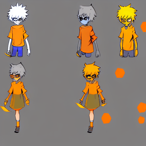 AI generated: homestuck character design reference sheet light grey skin yellow eyes orange horns cottagecore outf...