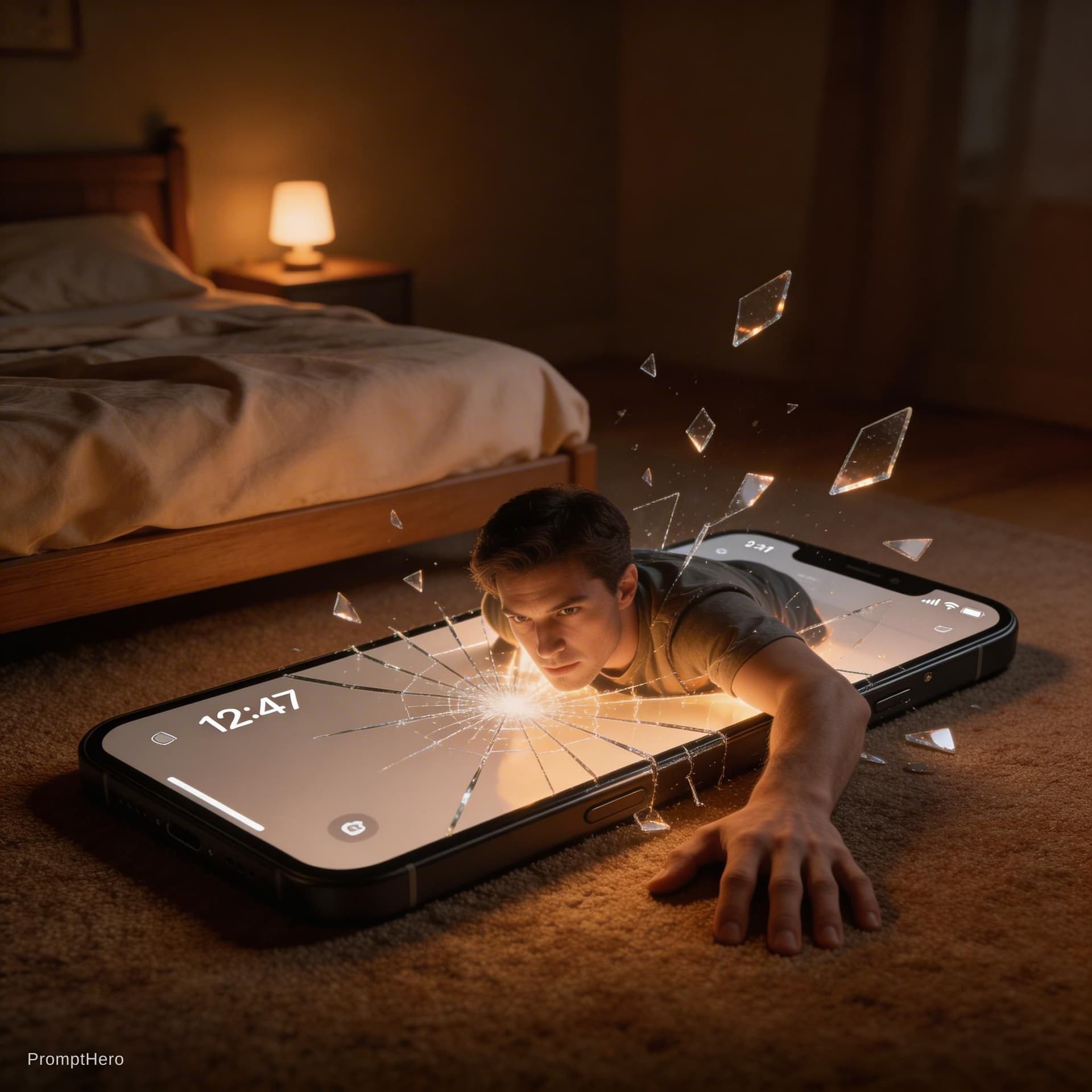 AI generated: “A hyper‑realistic scene inside a dimly lit bedroom where a giant smartphone lies on the floor besid...