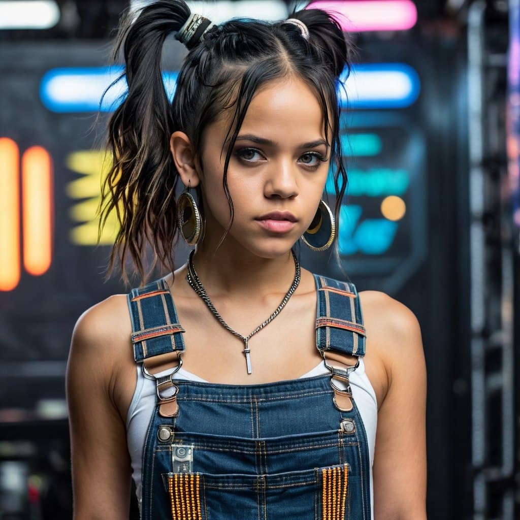 AI generated: snthwve style nvinkpunk A beautiful young Jenna Ortega, overalls, workshop, cybernetic implants, cyb...