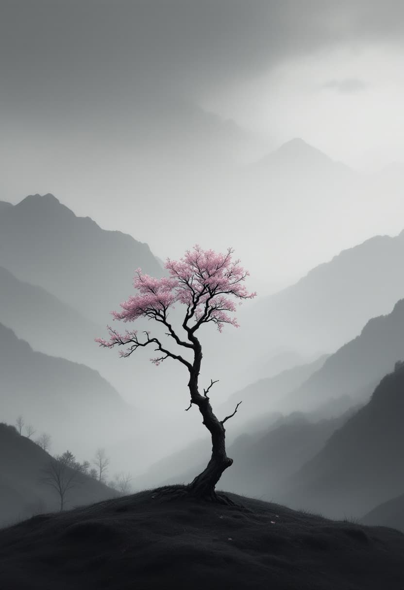 AI generated: cinematic grayscale, single Japanese tree in a foggy mountain valley, soft contrast and muted tones ...