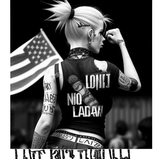 AI generated: Photo of an ultra realistic dressed punk woman seen from the back, who gives another woman a leg up....
