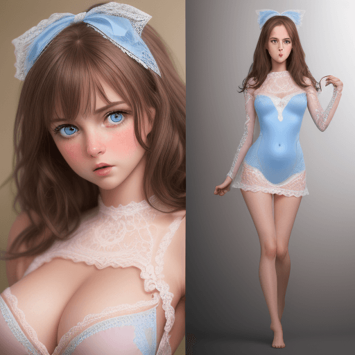 AI generated: Hyper realistic, cute, comely young, shy, female, tight fitting lace bodyuit model, brown hair, l, m...