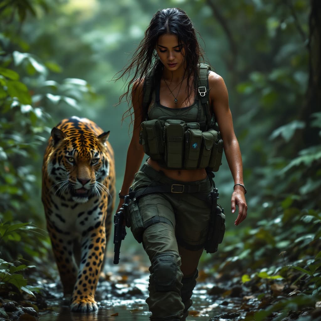 AI generated: Highly detailed, and ultra-high definition digital illustration of A Brazilian female soldier in jun...