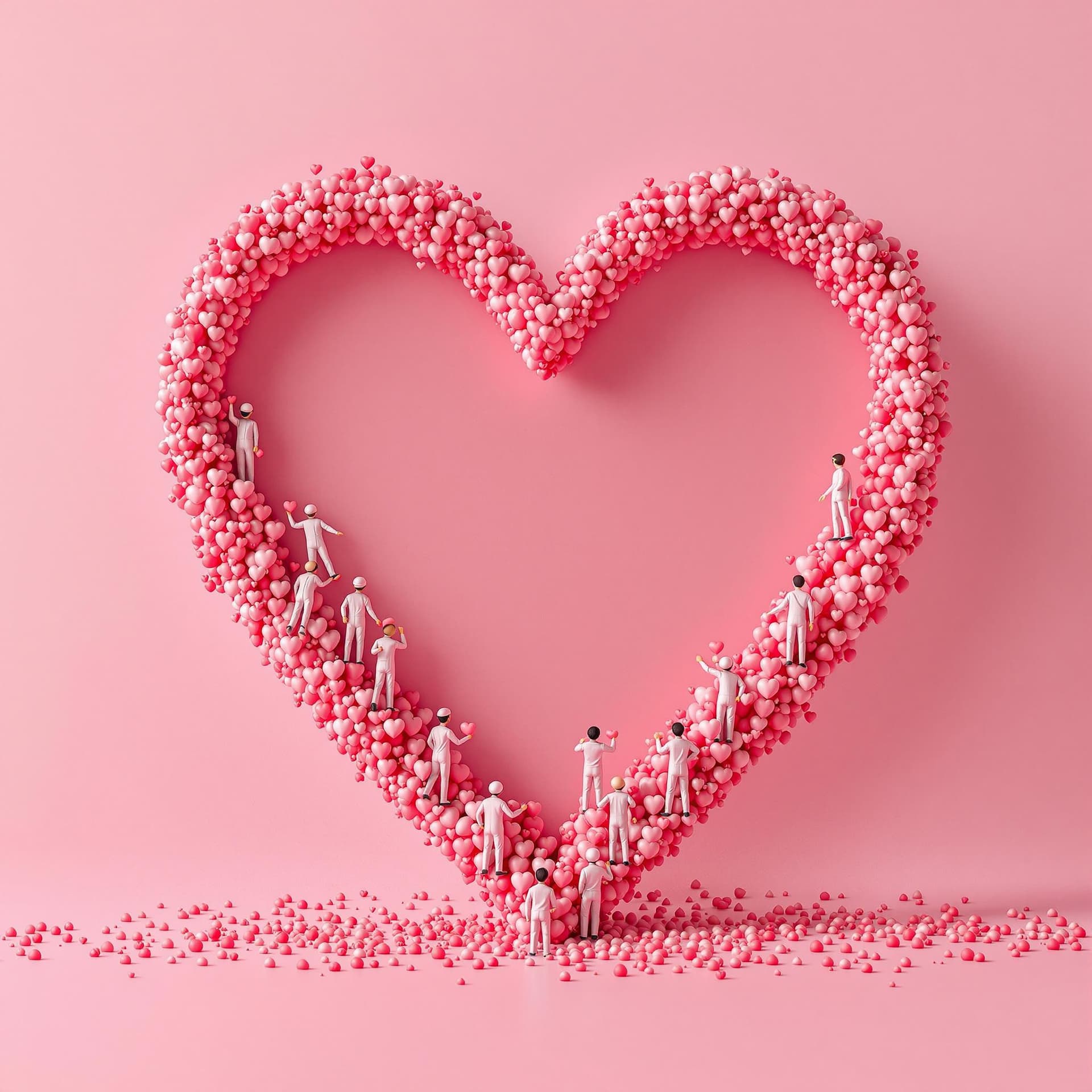 AI generated: high resolution photo of tiny people are standing in a real human heart and building little hearts, ...